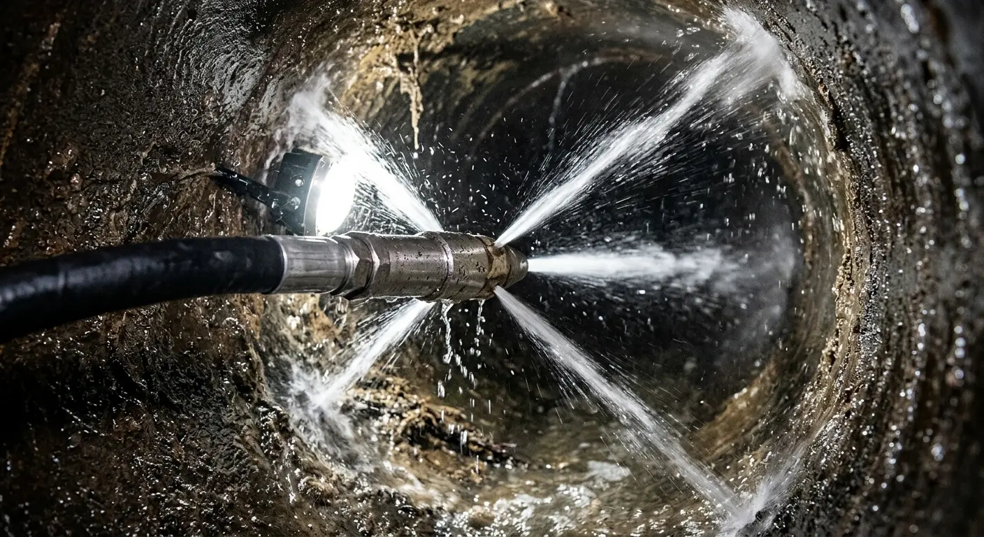High-pressure hydro jetting nozzle cleaning sewer pipe for Sewer Cleanout in Breaux Bridge