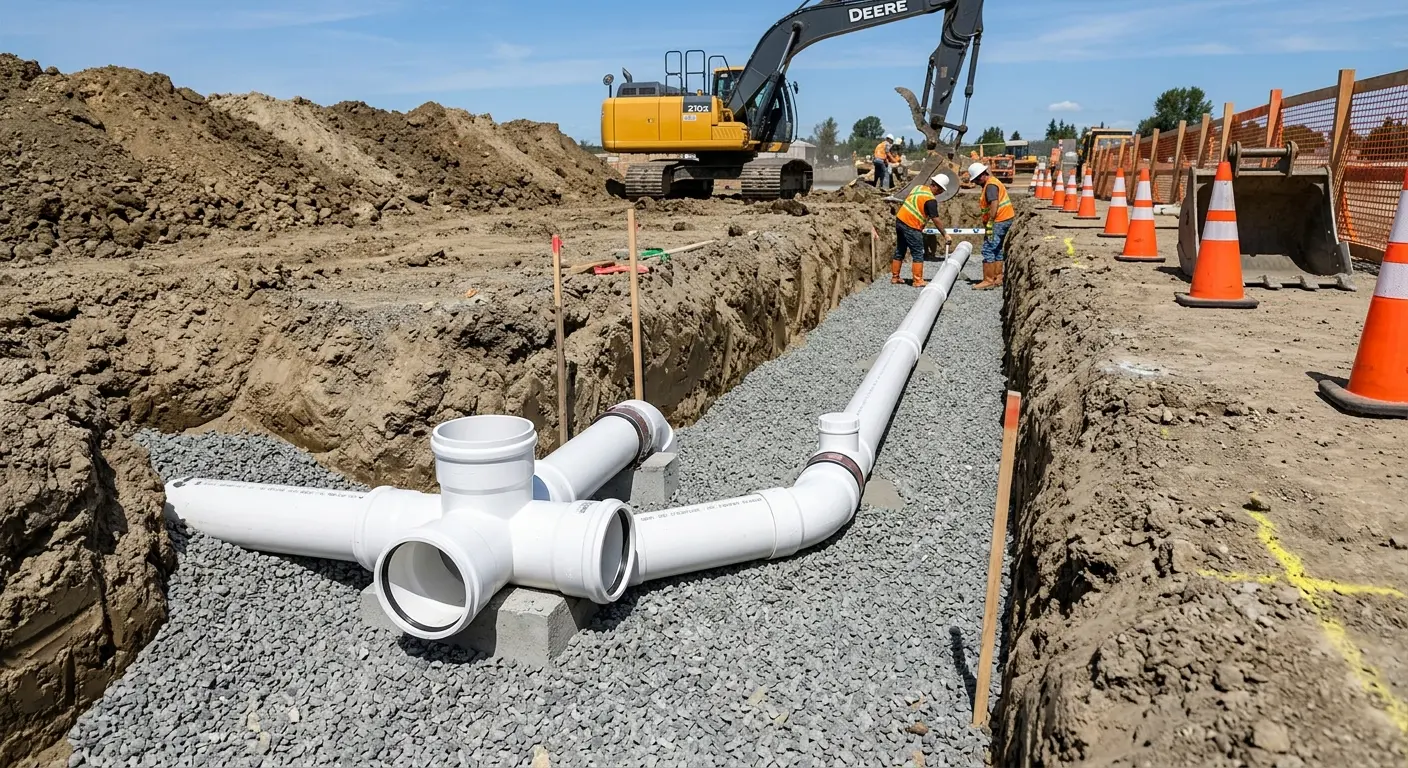 New PVC sewer pipe installation in open trench for Commercial Drain Cleaning in Breaux Bridge
