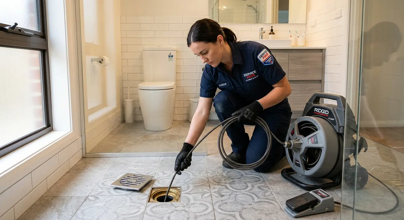 Technician clearing a bathroom floor drain for Hydro Jetting in Breaux Bridge